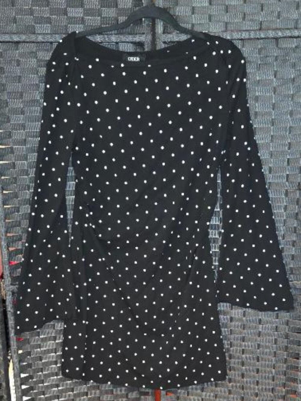 Cider Cotton-blend Boat Neck Polka Dot Ruched Bell Sleeve Mini Dress